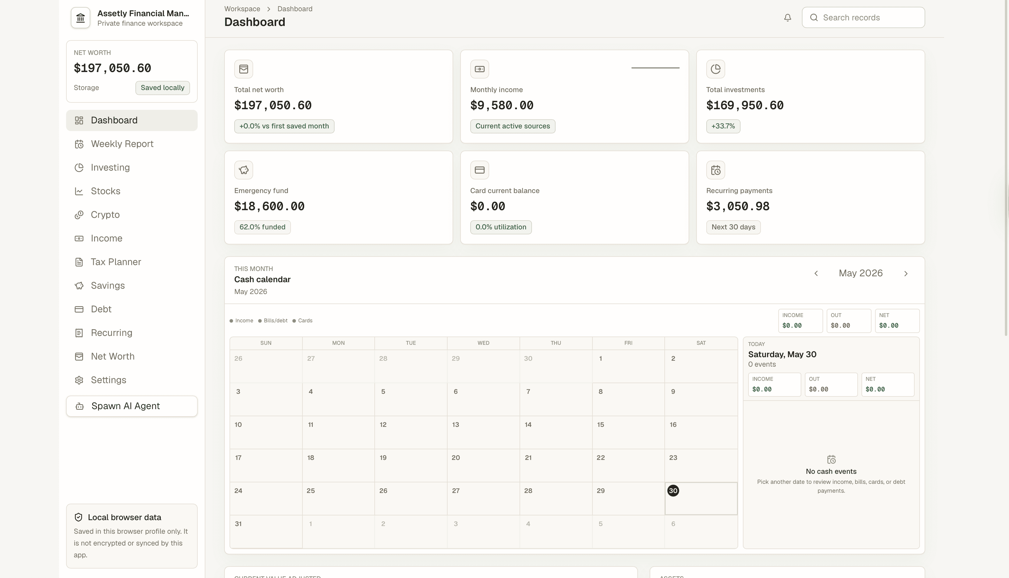 Assetly dashboard with net worth, monthly income, investments, debt, recurring payments, alerts, and calendar.