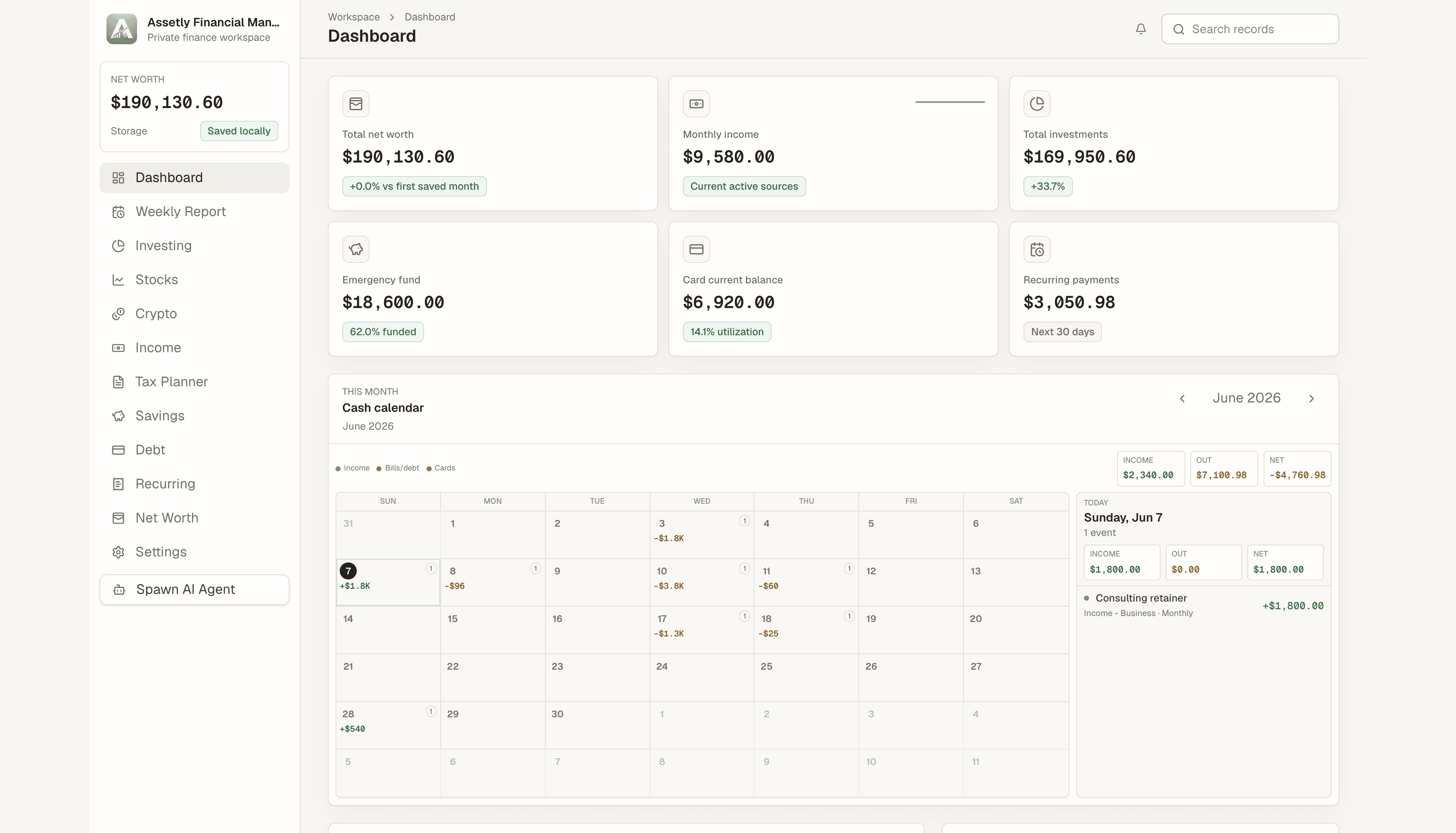 Assetly dashboard with net worth, monthly income, investments, debt, recurring payments, alerts, and calendar.